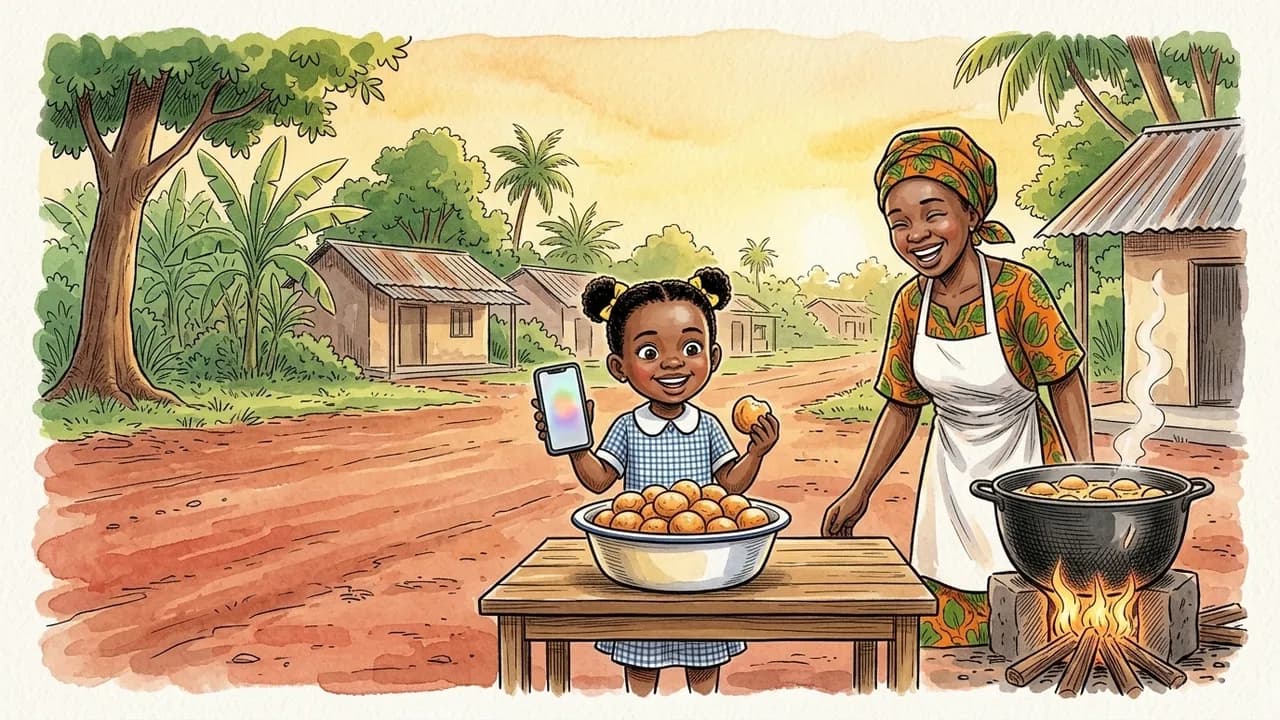 Une petite écolière camerounaise, un téléphone dans une main et un beignet dans l'autre, rit avec sa mère derrière un stand de beignets au bord de la route