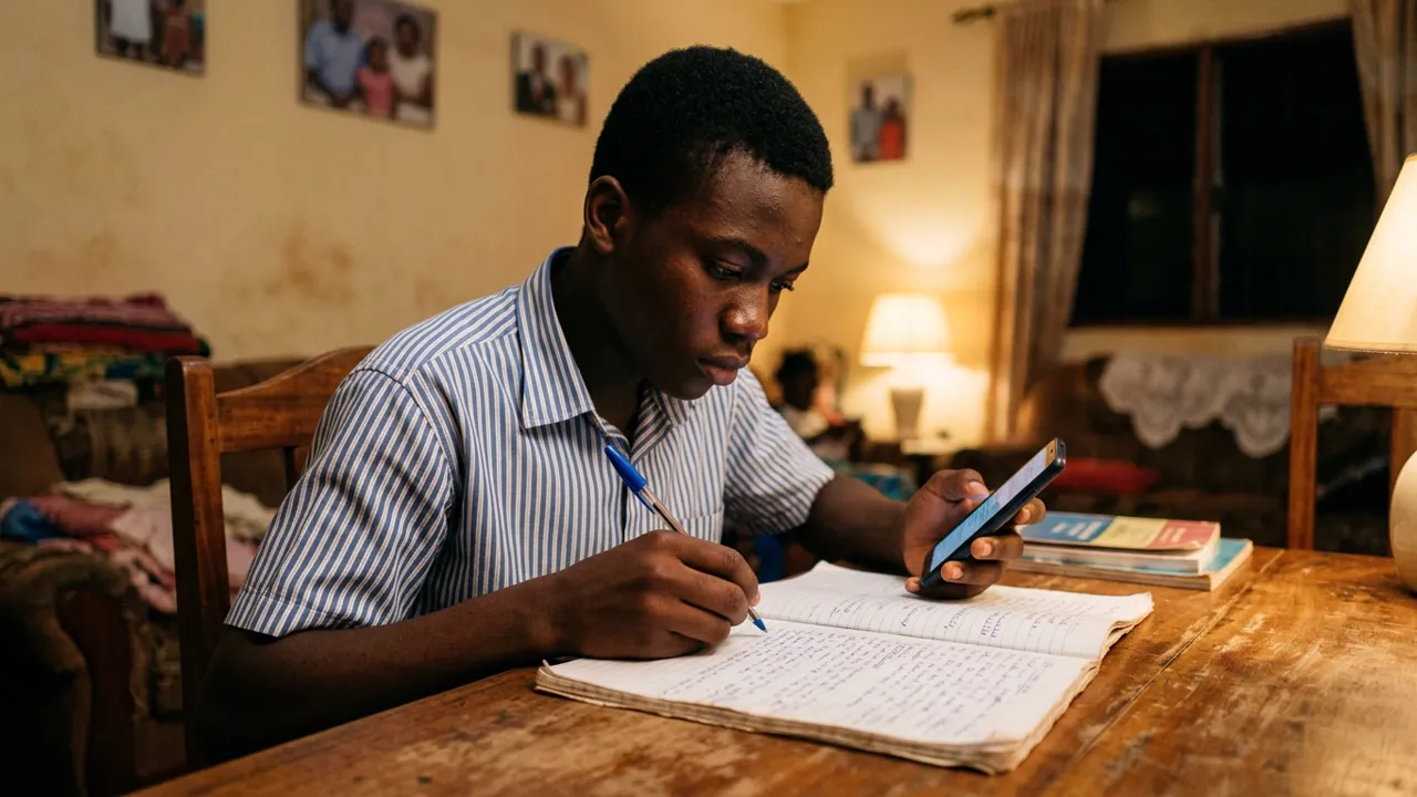 Un lycéen, assis à une table en bois le soir, compare son téléphone et son cahier et note une courte liste dans la marge.
